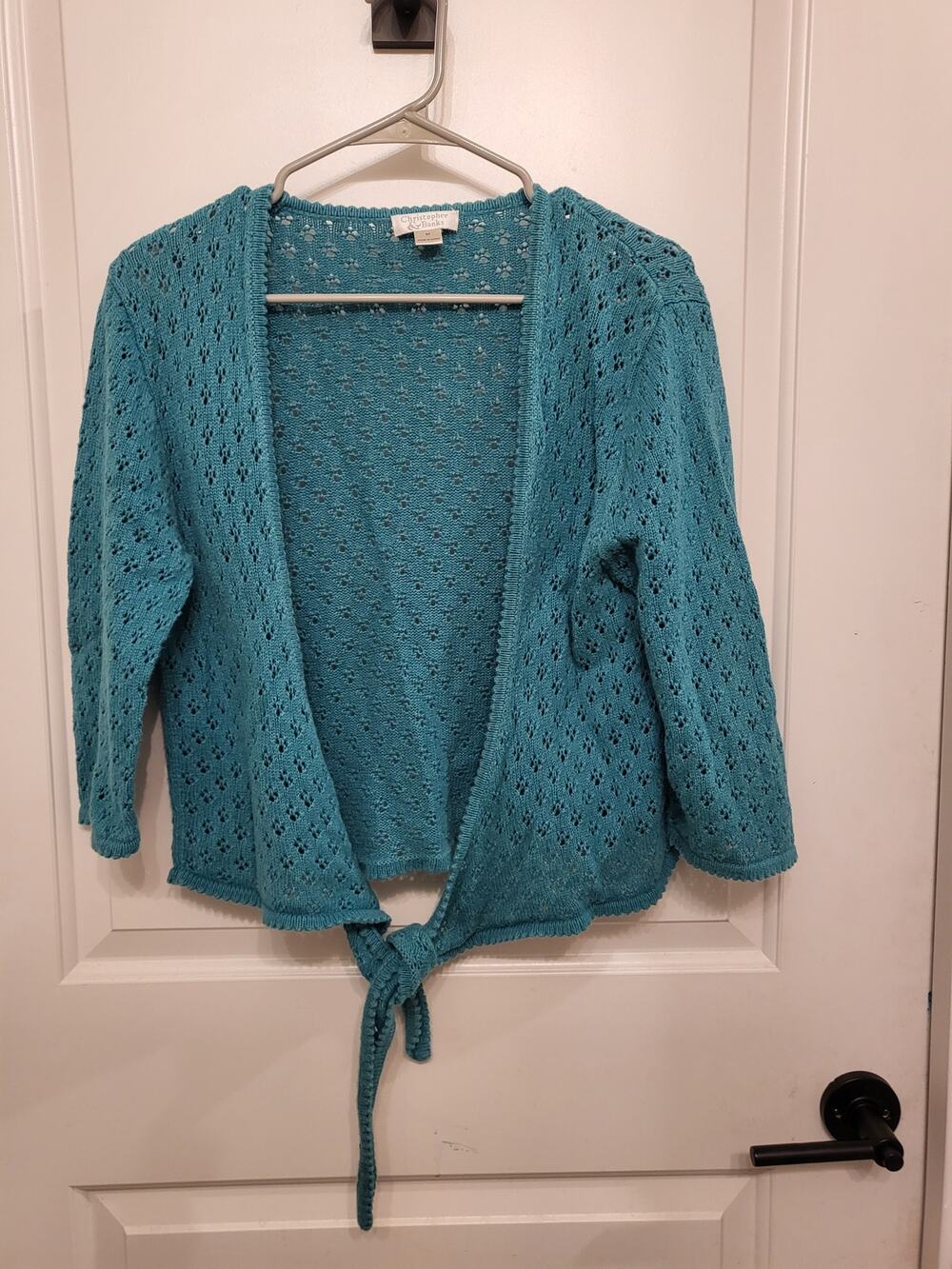 Womens Medium Long Slv Crochet Cardigan Blue Tie sweater Christopher & Banks